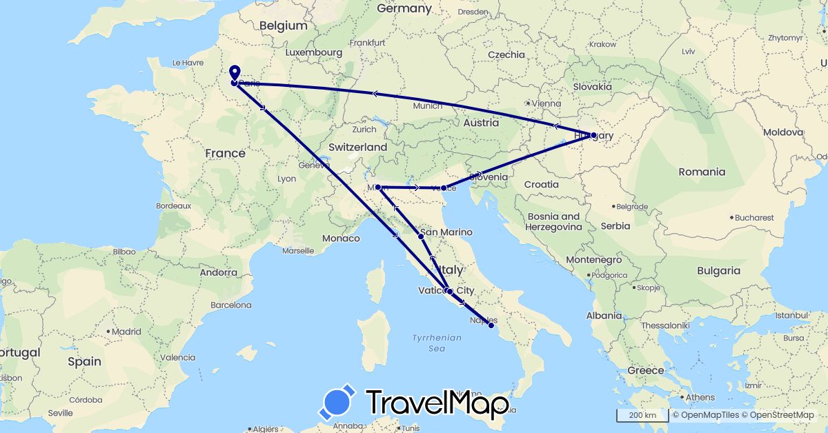 TravelMap itinerary: driving in France, Hungary, Italy (Europe)